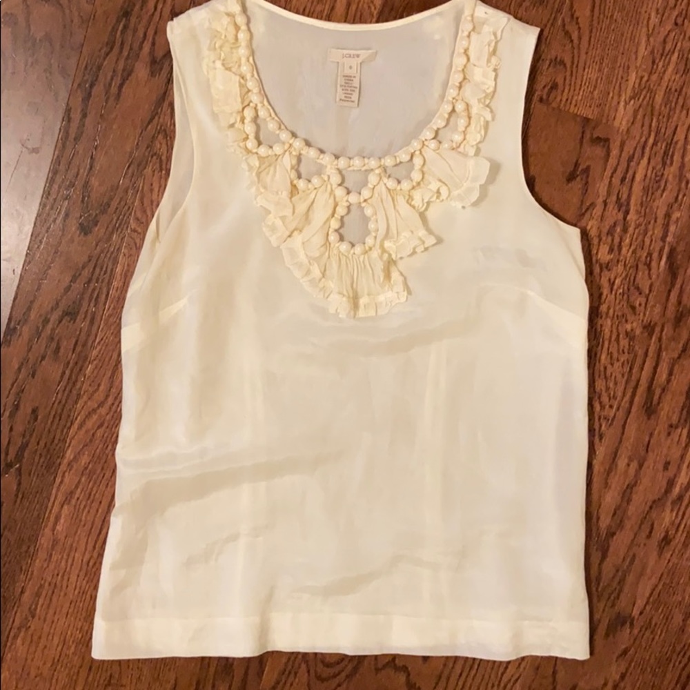 J Crew detailed pearl neckline silk cream top sz 0